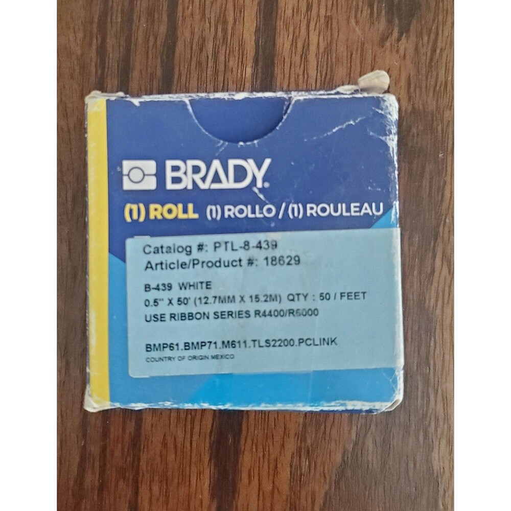 Brady PTL-8-439 B-439 White Vinyl Label Tape 1/2" x 50' Roll 18629